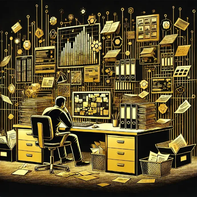 A visual representation of scattered, unorganized data shown as floating data points, spreadsheets, and disconnected graphs, symbolizing inefficiency
