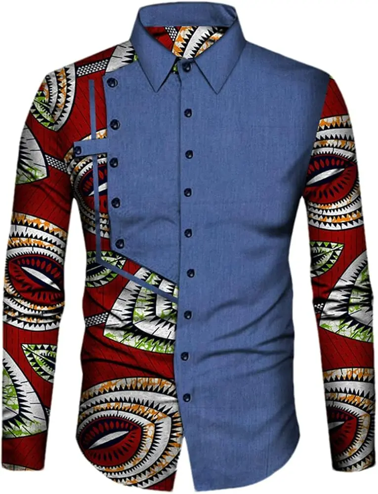 Chemise africaine décontractée pour homme avec imprimé patchwork Bazin Riche traditionnel africain Dashiki