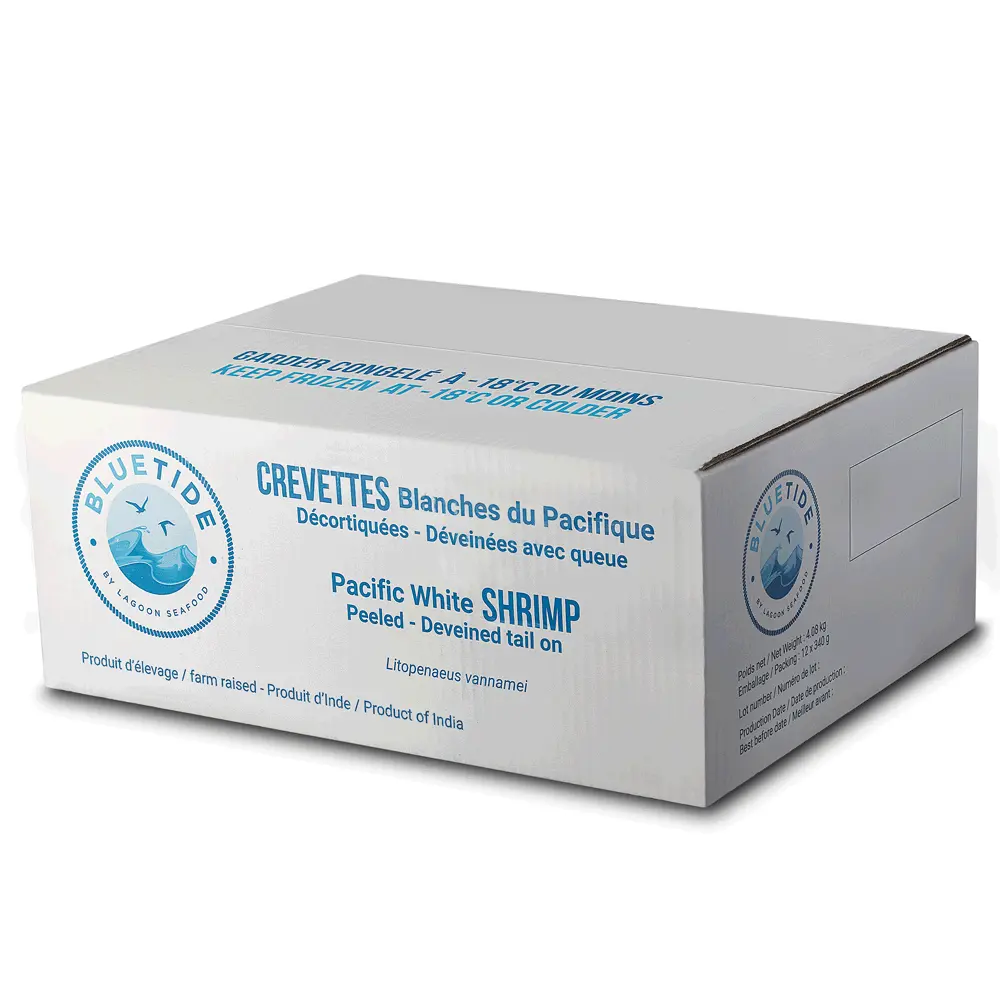 12 x 340 g Farmed white shrimp, peeled and deveined, with tail, individually frozen