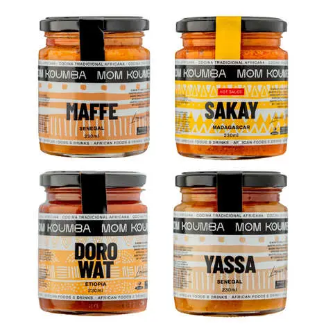 Lot de 4 sauces traditionnelles africaines MOM KOUMBA : Maffe, Yassa, Sakay et Doro Wat. Ingrédients naturels. Sans gluten et sans lactose. Sans additifs ni agents de conservation. Pots de 230 ml.