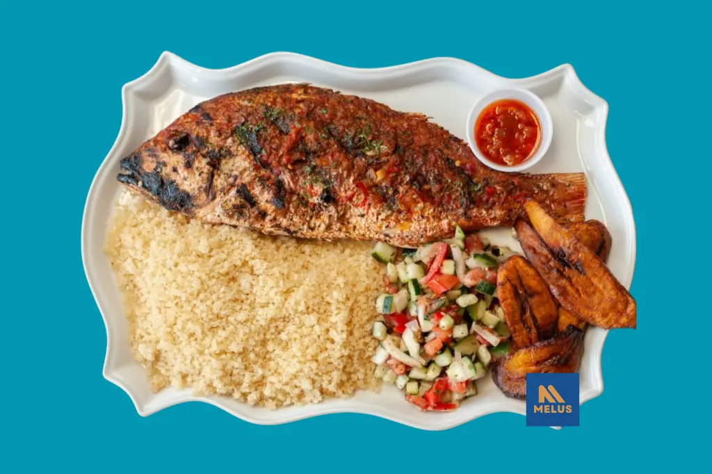[RPC-002] Attiéké with tilapia grilled and fried plantain (aloco) Pre-Cooked and Frozen