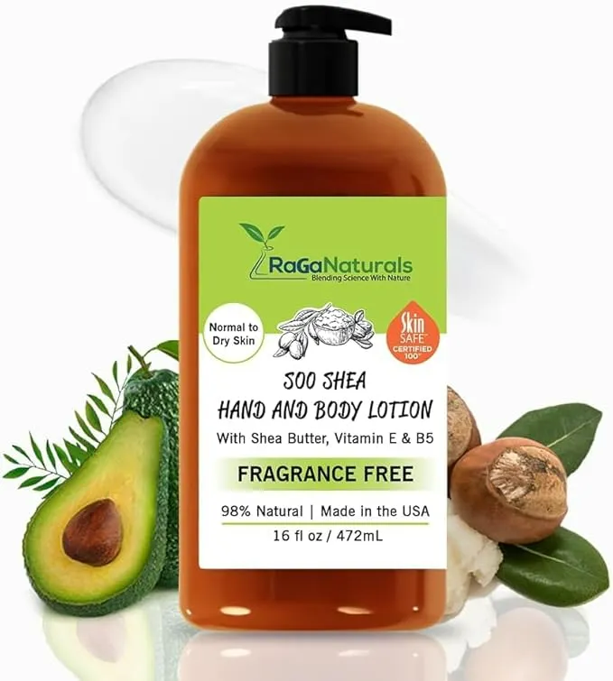 RaGaNaturals Lotion corporelle naturelle non parfumée pour peaux sèches et sensibles avec beurre de karité, huile d'avocat et vitamine E – Lotion hydratante et sans parfum avec essence biologique  (472 ml, Lavande)