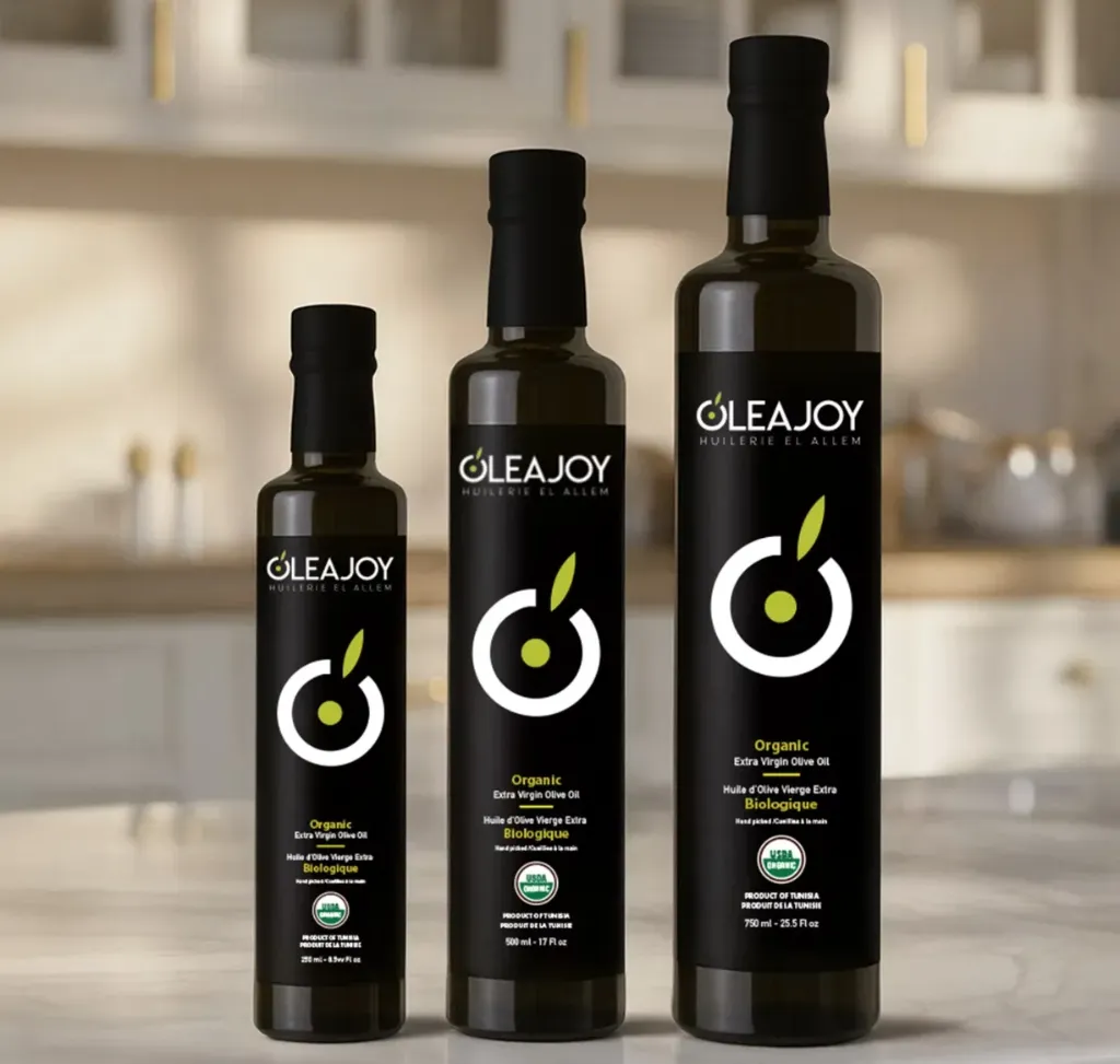 Huile d'olive biologique, cueillie à la main, huile d'olive tunisienne, pressée à froid, mécanique (sans chaleur ni produits chimiques), traditionnelle, récoltée à la main OleaJoy Dorica BIO (250ML)