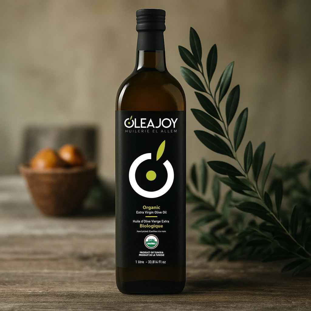 Huile d'olive biologique, cueillie à la main, huile d'olive tunisienne, pressée à froid, mécanique (sans chaleur ni produits chimiques), traditionnelle, récoltée à la main, bouteille en verre OleaJoy Marasca.