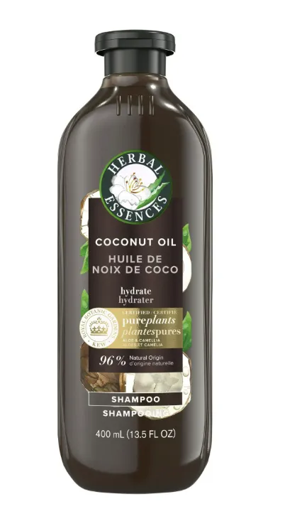 Shampooing hydratant à l’huile de noix de coco Herbal Essences, avec huile de camélia et aloès certifiés, pour tous les types de cheveux, particulièrement les cheveux secs 400ML