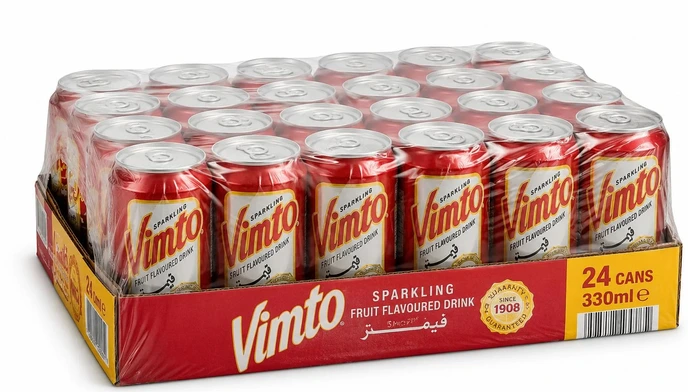 Vimto sparkling fruit flavored soft drink, Box of 24 Cans, 330ml each