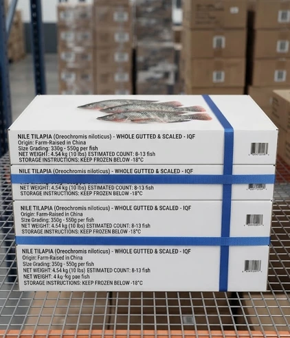Pack of 3 boxes of Frozen Whole Nile Tilapia (Gutted and Scaled), 350g – 550g per individual fish/ 4.54 kg (10 lb) / 9 to 13 fish per case (variable based on weight and size of each fish)